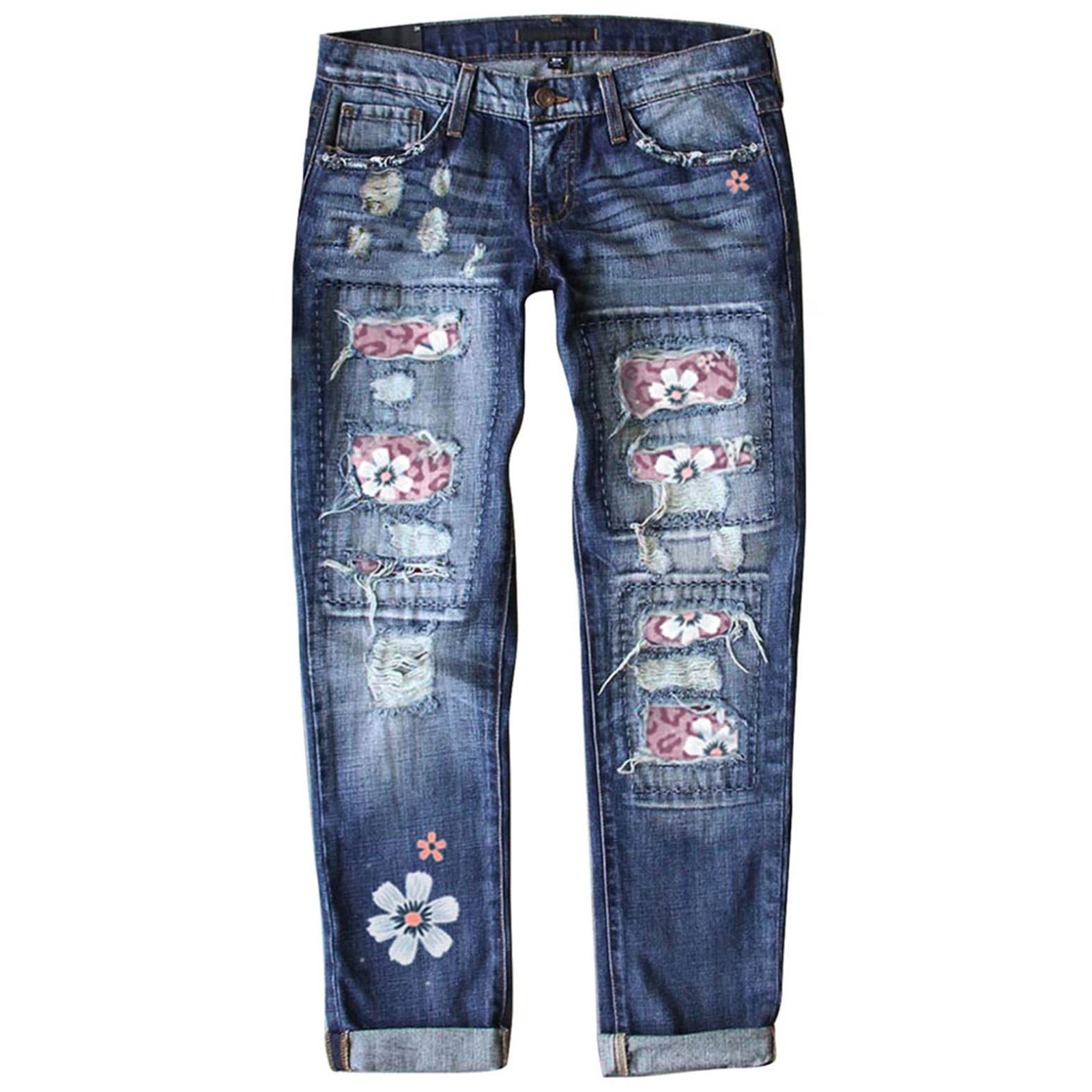 Slim-Fit Printed Denim Pants with Graphic Edge-Pink Floral-Theone Apparel