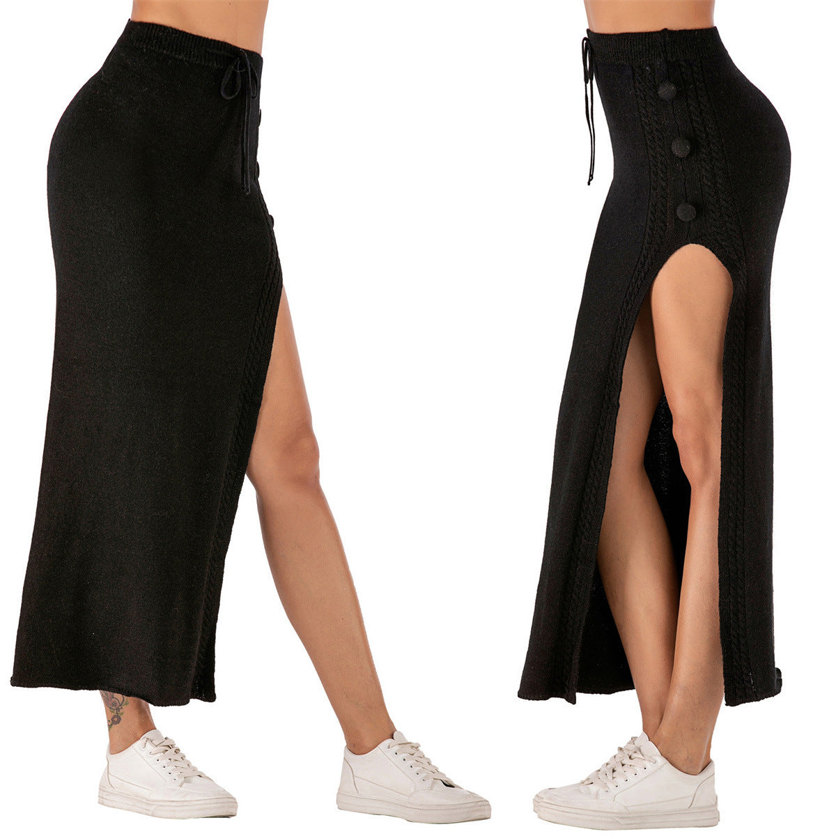 Slim Woolen Split Maxi Skirt With Elegant European Flair-Theone Apparel