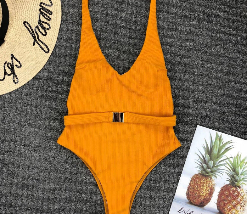 Special-Fabric Belted One-Piece Swimsuit for European American Style-Theone Apparel