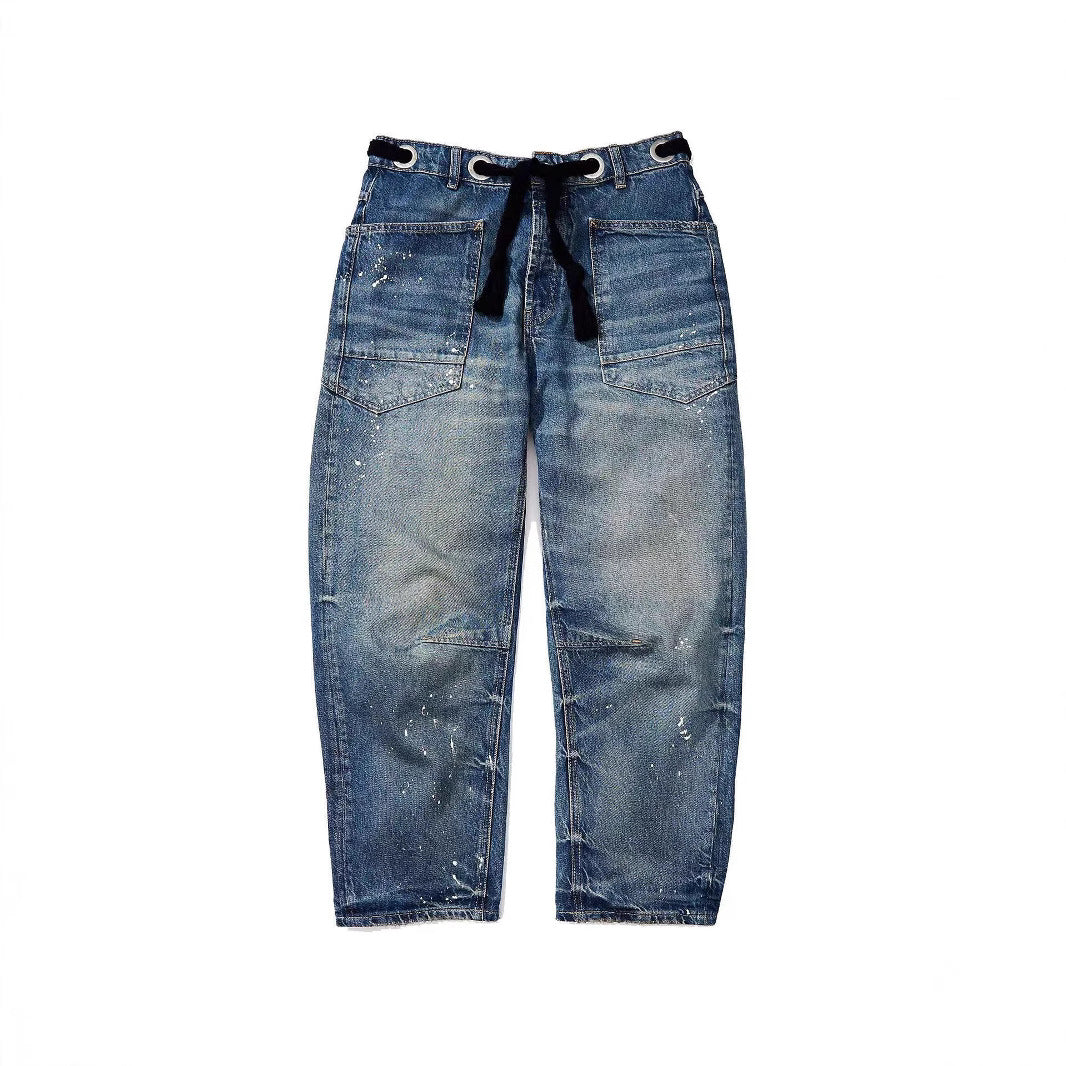 Splash-Ink Drawstring Loose Jeans with Artistic Casual Twist-Theone Apparel