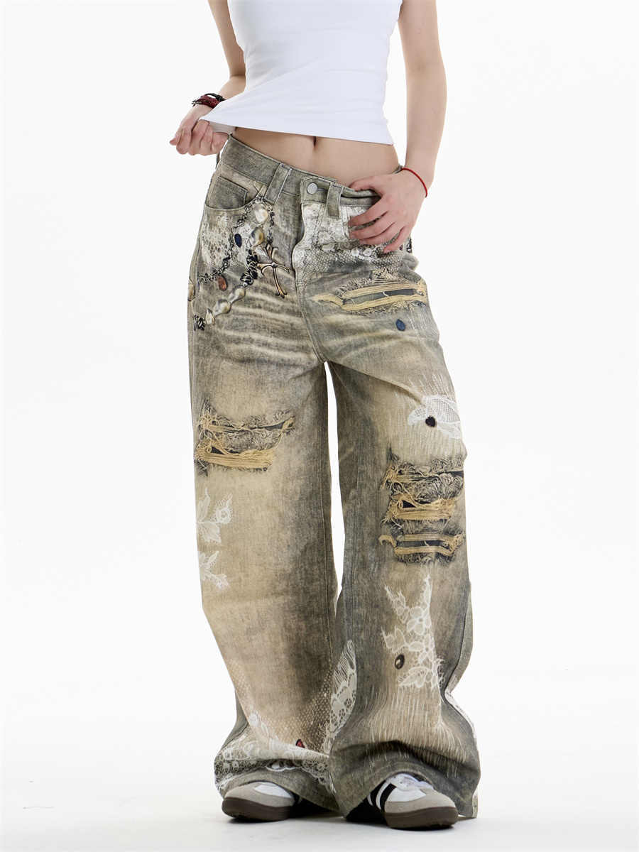 Statement Cross-Print Wide-Leg Jeans with Graphic Appeal-Theone Apparel