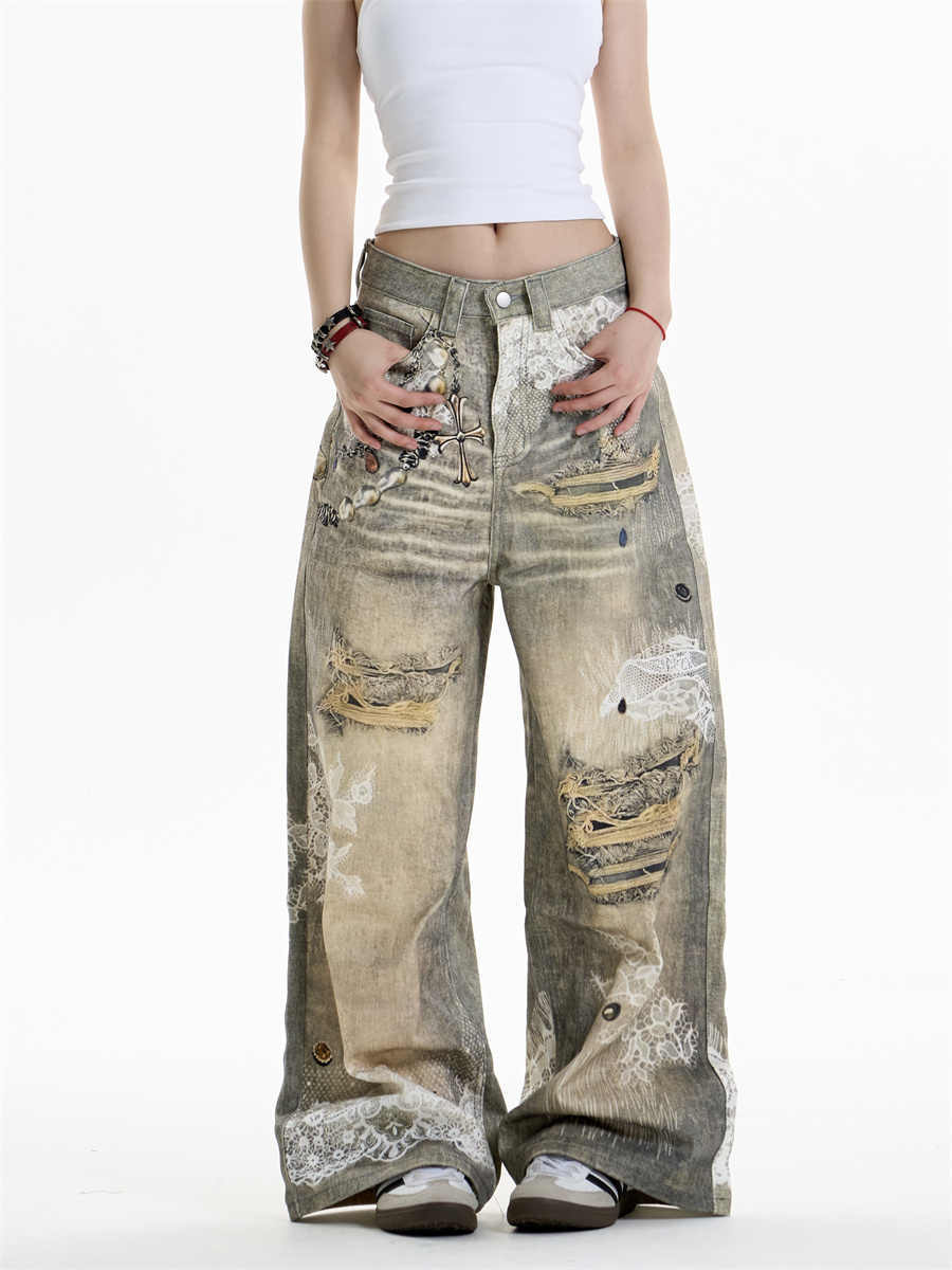 Statement Cross-Print Wide-Leg Jeans with Graphic Appeal-Theone Apparel