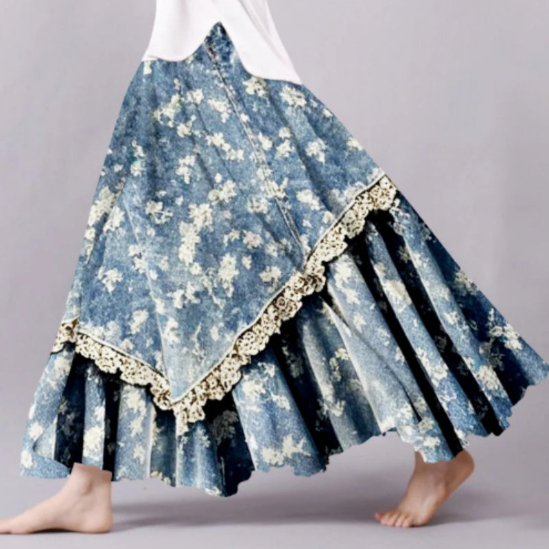 Vintage Floral Lace Patchwork Midi Skirt For Artistic Style-Theone Apparel