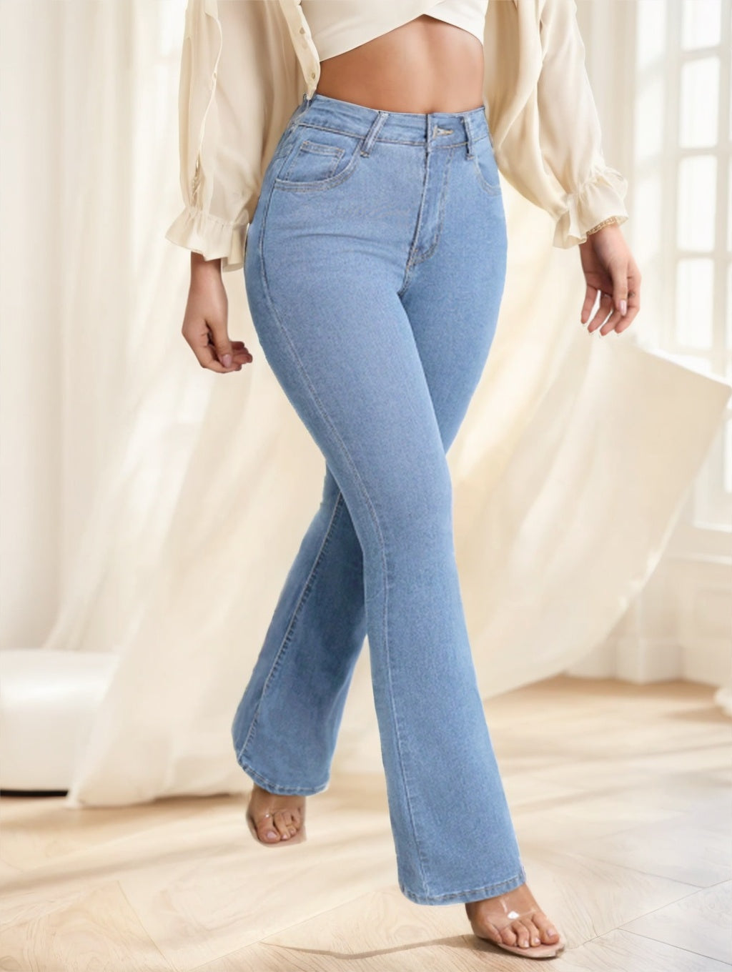 Calça jeans frontal de botão feminino com bolsos clássicos