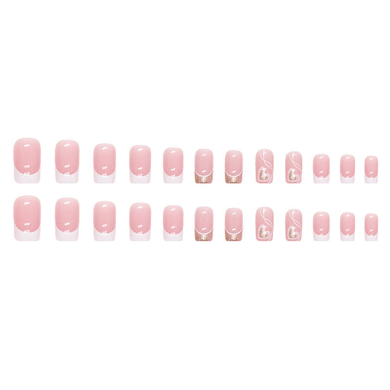 Women's French Tip Square Shaped Short Nail Set with Hearts and Glitter-Theone Apparel