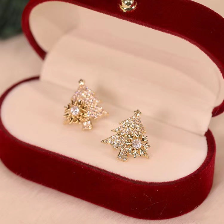 Women's Glittering Jeweled Small Christmas Tree Dangle Earrings