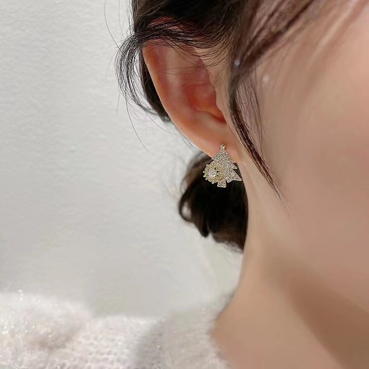 Women's Glittering Jeweled Small Christmas Tree Dangle Earrings