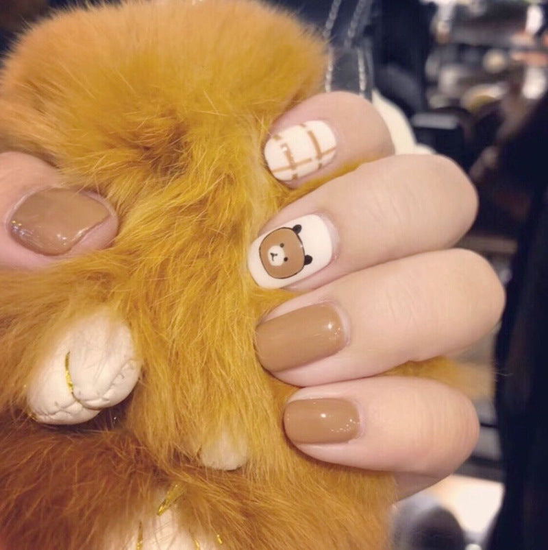 Women's Natural length False Nails with Bear Accents-Khaki-Theone Apparel