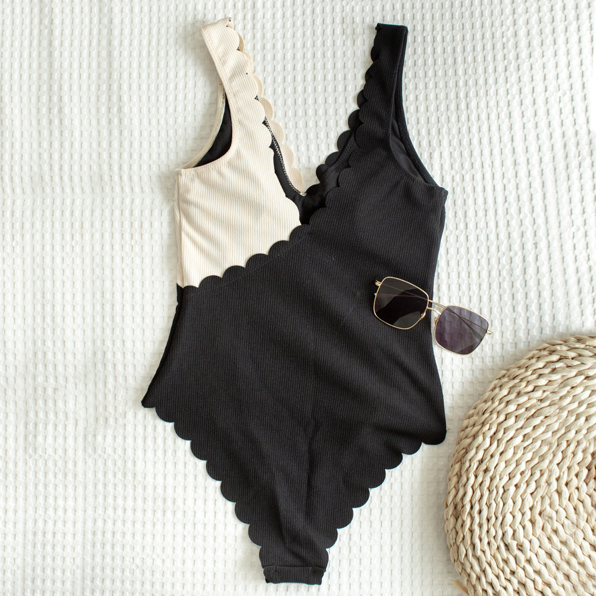 Women's One Piece Black and White Asymmetrical Knit Swimsuit-Theone Apparel