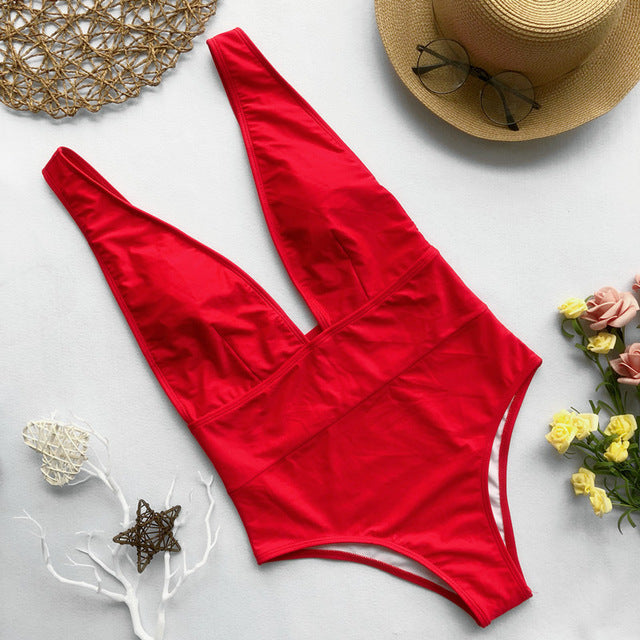 Women's One Piece Scoop Neck Swimsuit with Cinched Waist-Red-Theone Apparel