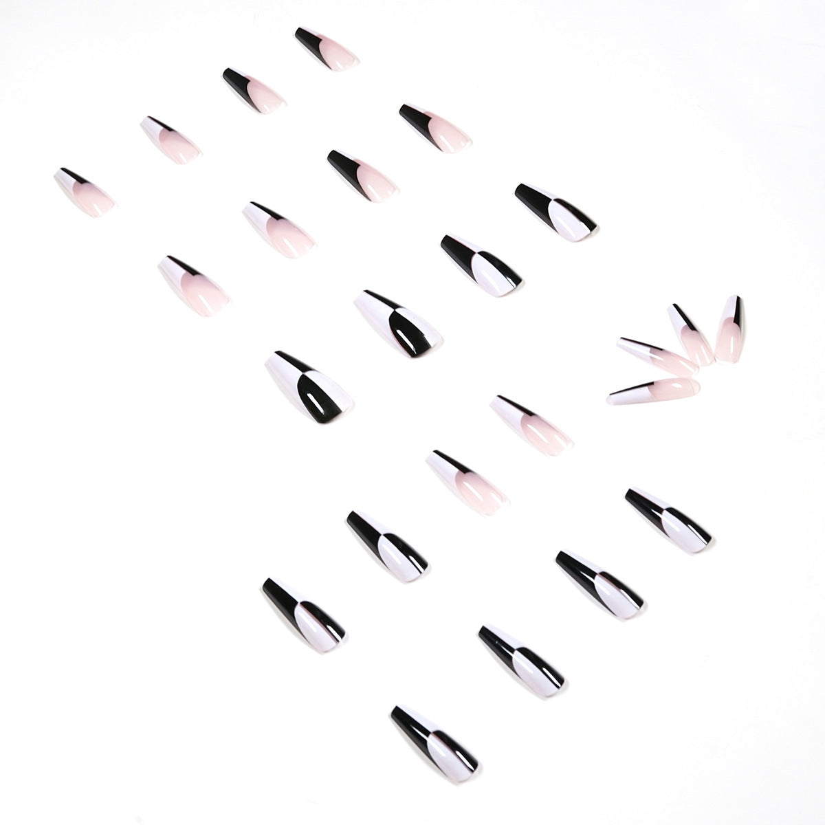 Women's Retro Long Square Black and White Asymmetrical False Nail Set-Theone Apparel