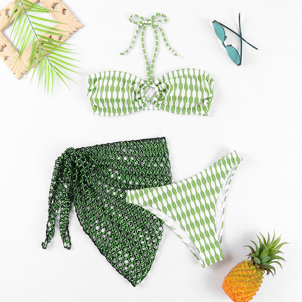Women’s Three-Piece Tube Top Bikini and Swimwear Set-Green-Theone Apparel