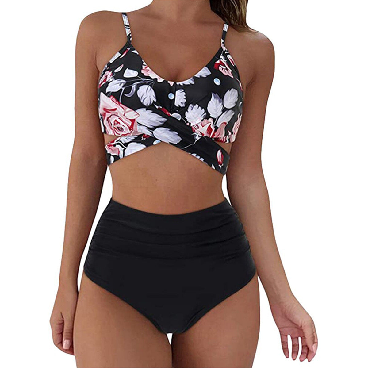 Women's Two Piece Bikini With High Waist Animal Print Bottoms-Red/Black-Theone Apparel