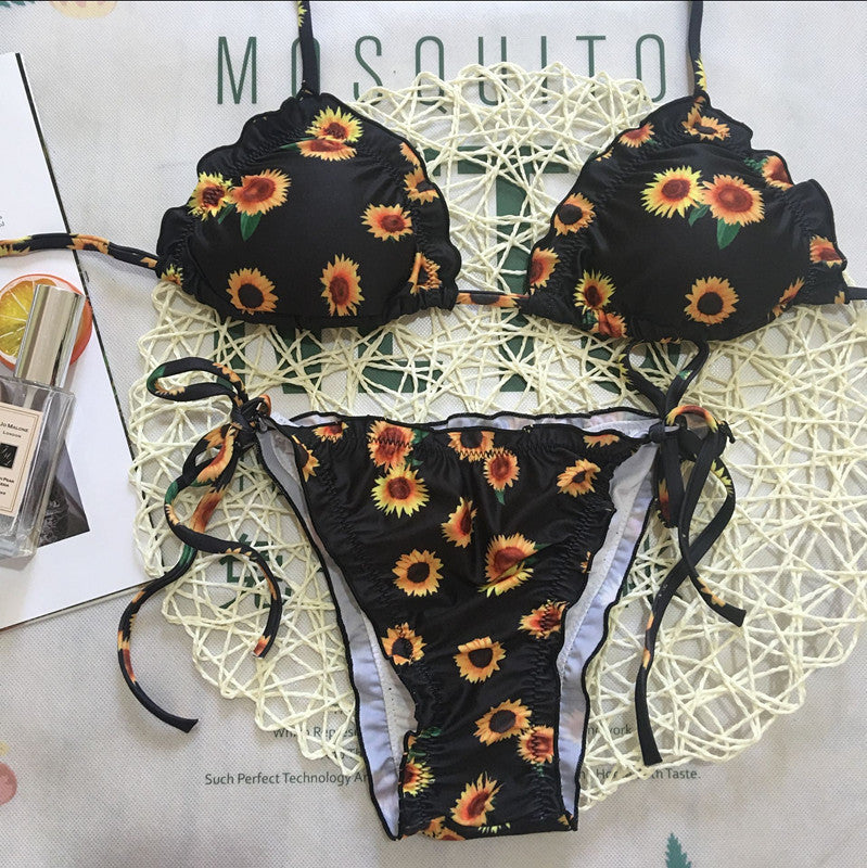 Women's Two Piece Black and Yellow Sunflower Print Bikini-Theone Apparel