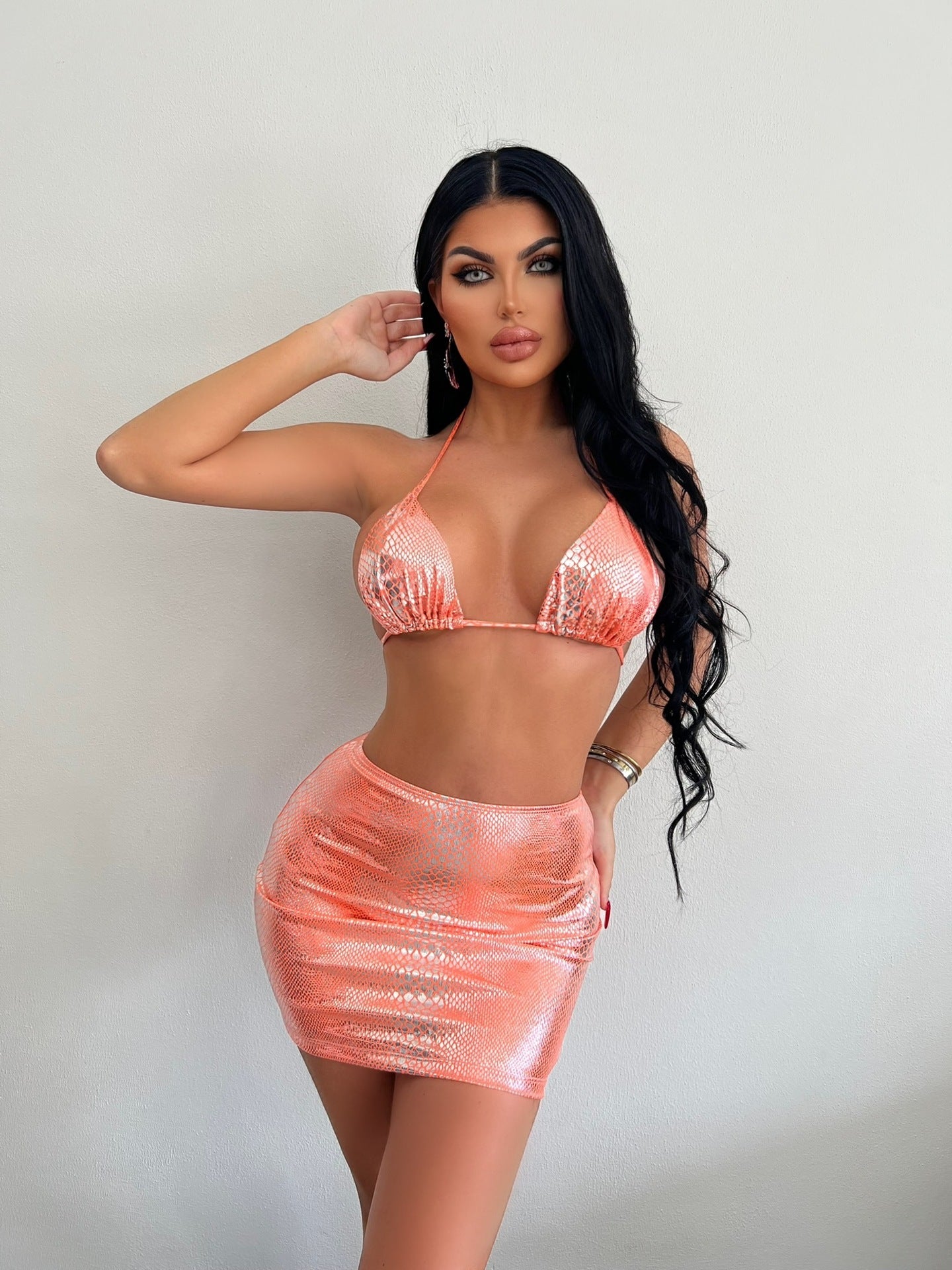 Women's Two Piece Mini Skirt and Bra Set-Orange-Theone Apparel