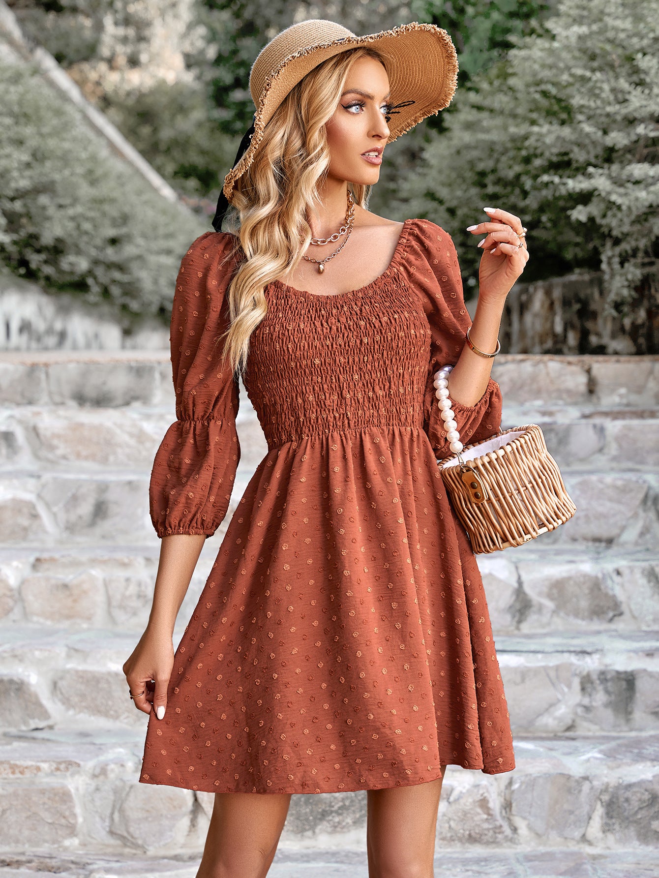 Women’s U-Neck Midi Dress with Three Quarter Length Sleeves-Red-Theone Apparel
