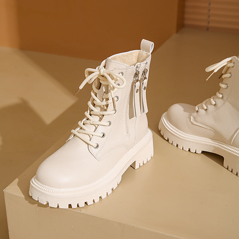 Women's Zip Side Lace Up Combat Boots in White or Black-Theone Apparel