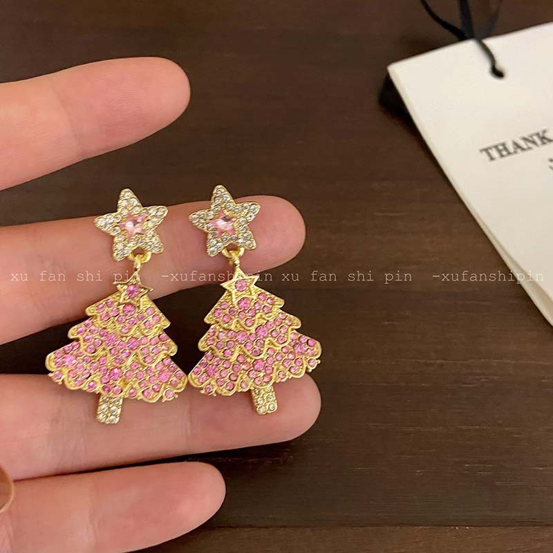 Elegant Christmas Tree Stud Back Dangle Earrings with Jewels