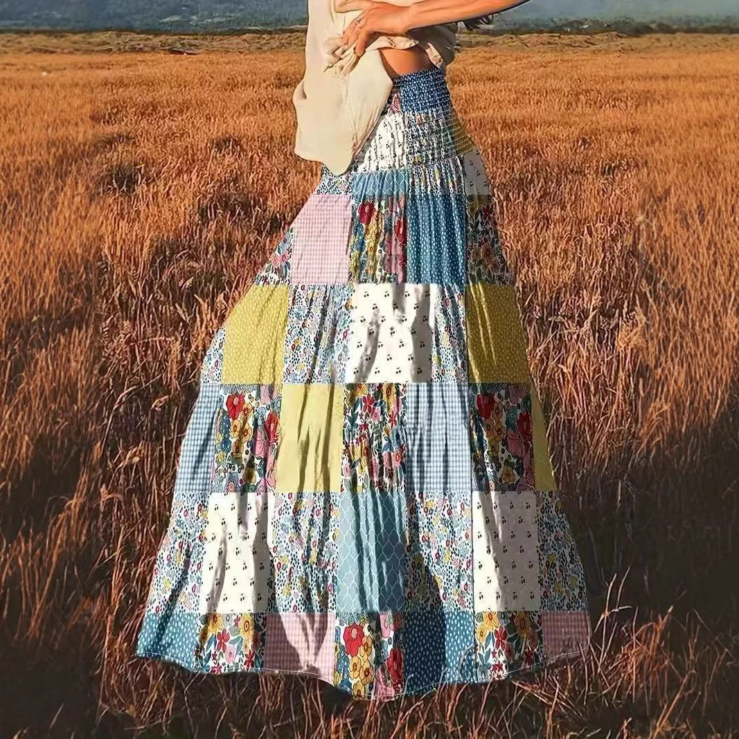 Falda larga floral de costura impresa para ropa popular diaria