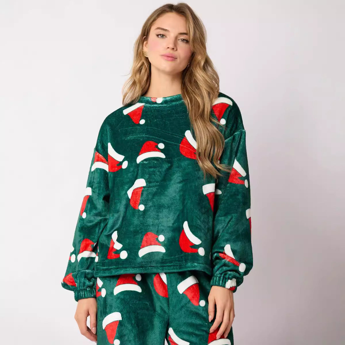 Women's Velvety Santa Hat Patterned Two Piece Pajama Set