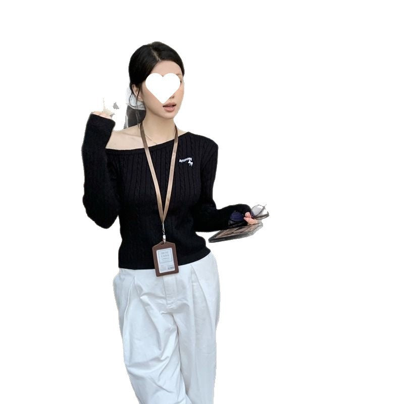 New Korean-style Sweet-and-cool Sister Embroidered Off-shoulder Long-sleeve Knit Top