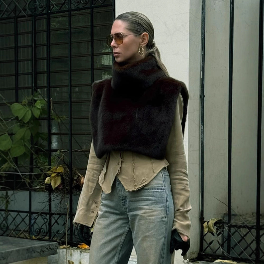 Half?Turtleneck Sleeveless Faux Fur Patchwork Slim Fit Vest