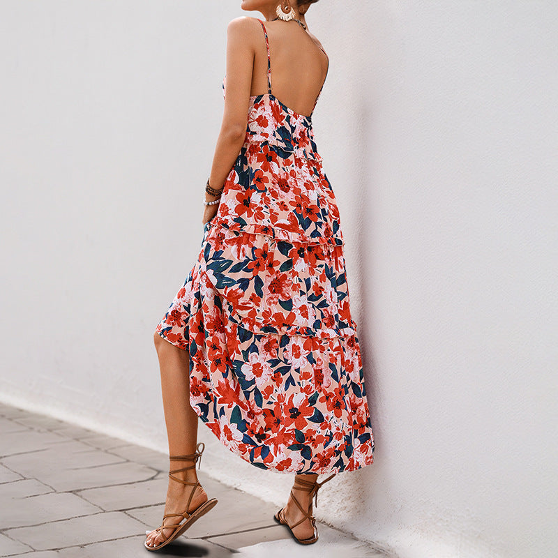 Vestido de balanço floral arejado com tiras de espaguete para férias
