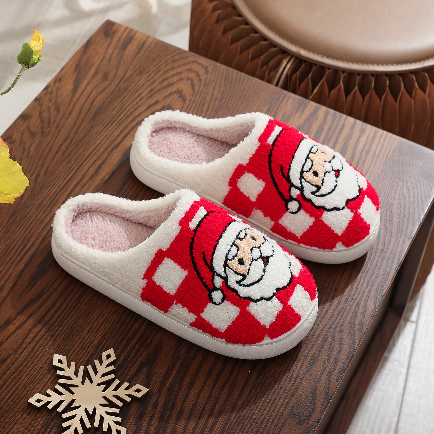 Festive Red and White Checkered Santa Claus Fleece Slipon Shoes