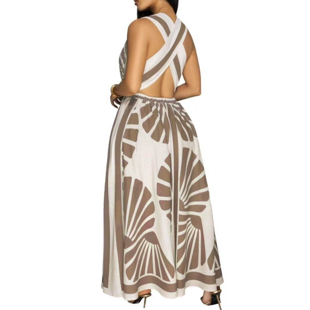 Posisikan Cetak V-Neck Backless Dress Untuk Summer Soirées