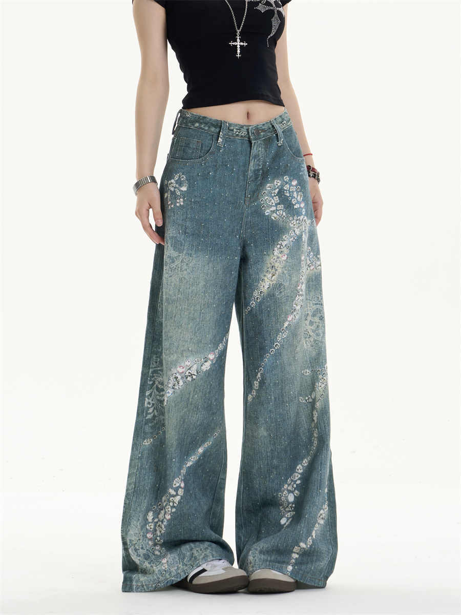 Jeans giocosi a gamba a gamba con stampa bowknot con tocco femminile