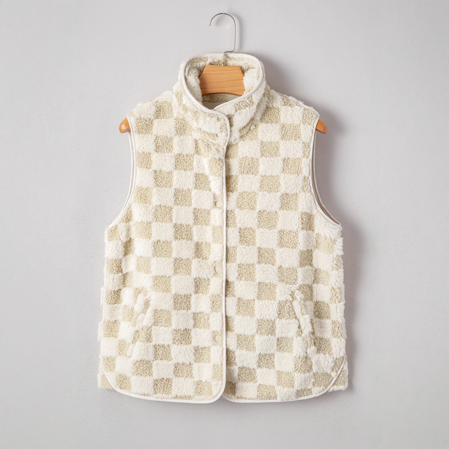 Khaki Grid Sleeveless Casual Vest For Women