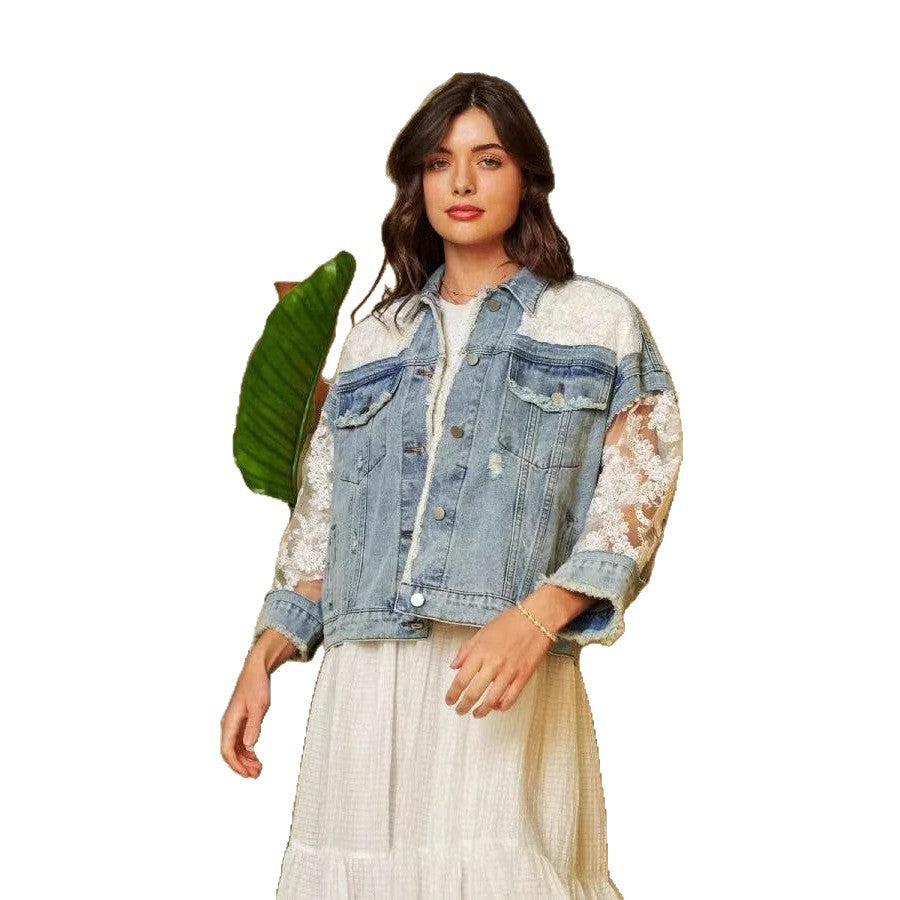 Hole Patched Light Blue Denim Jacket For Women