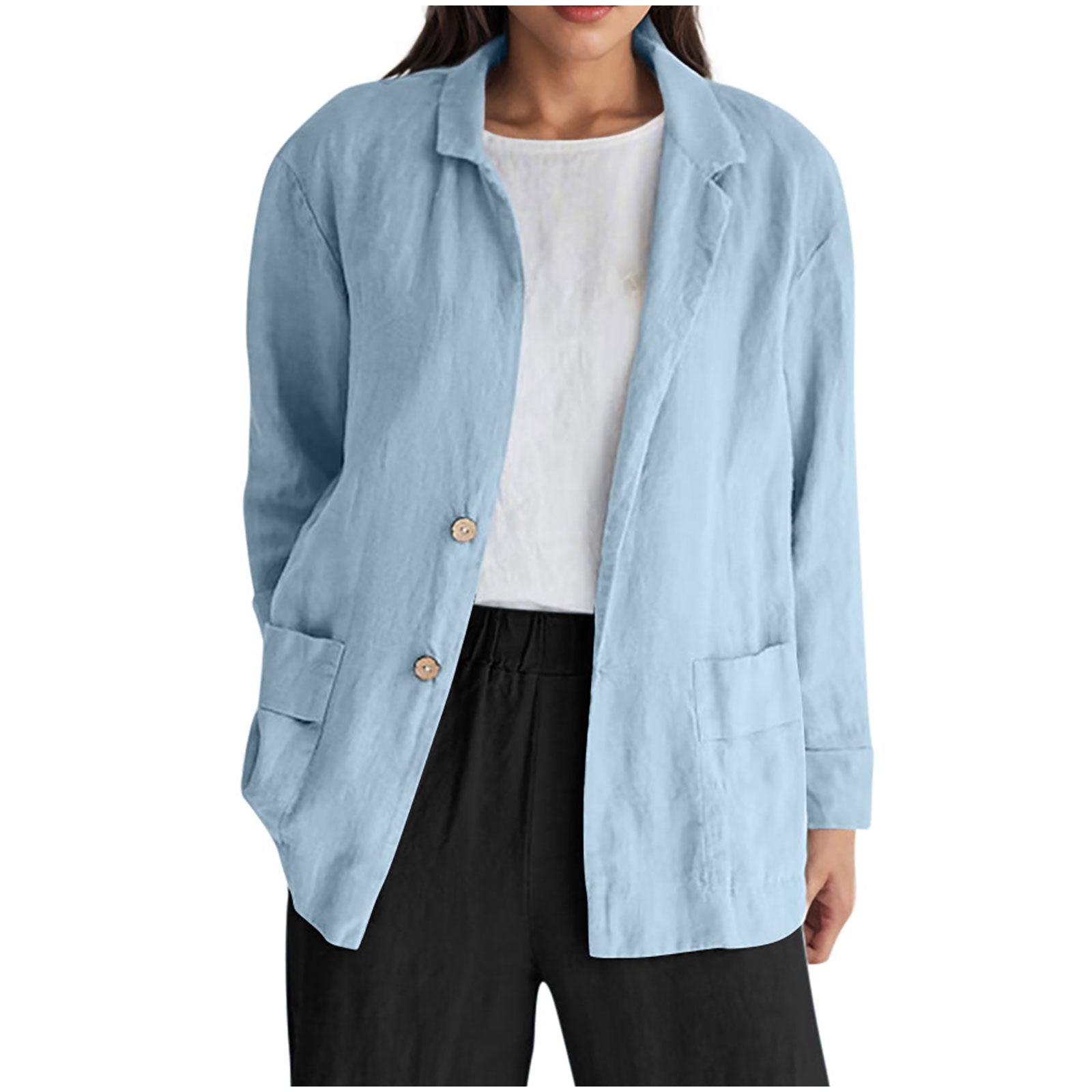 Loose-fit Solid-color Long-sleeve Cotton-linen Coat With Buttons For Women
