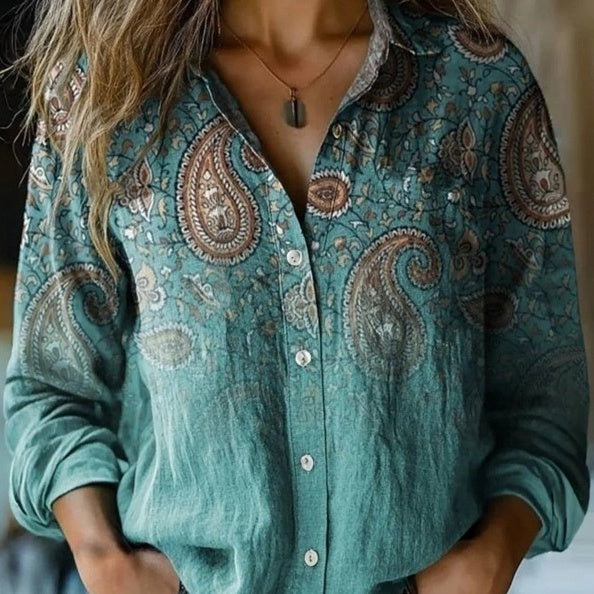 Retro Print Long Sleeve Casual Shirt