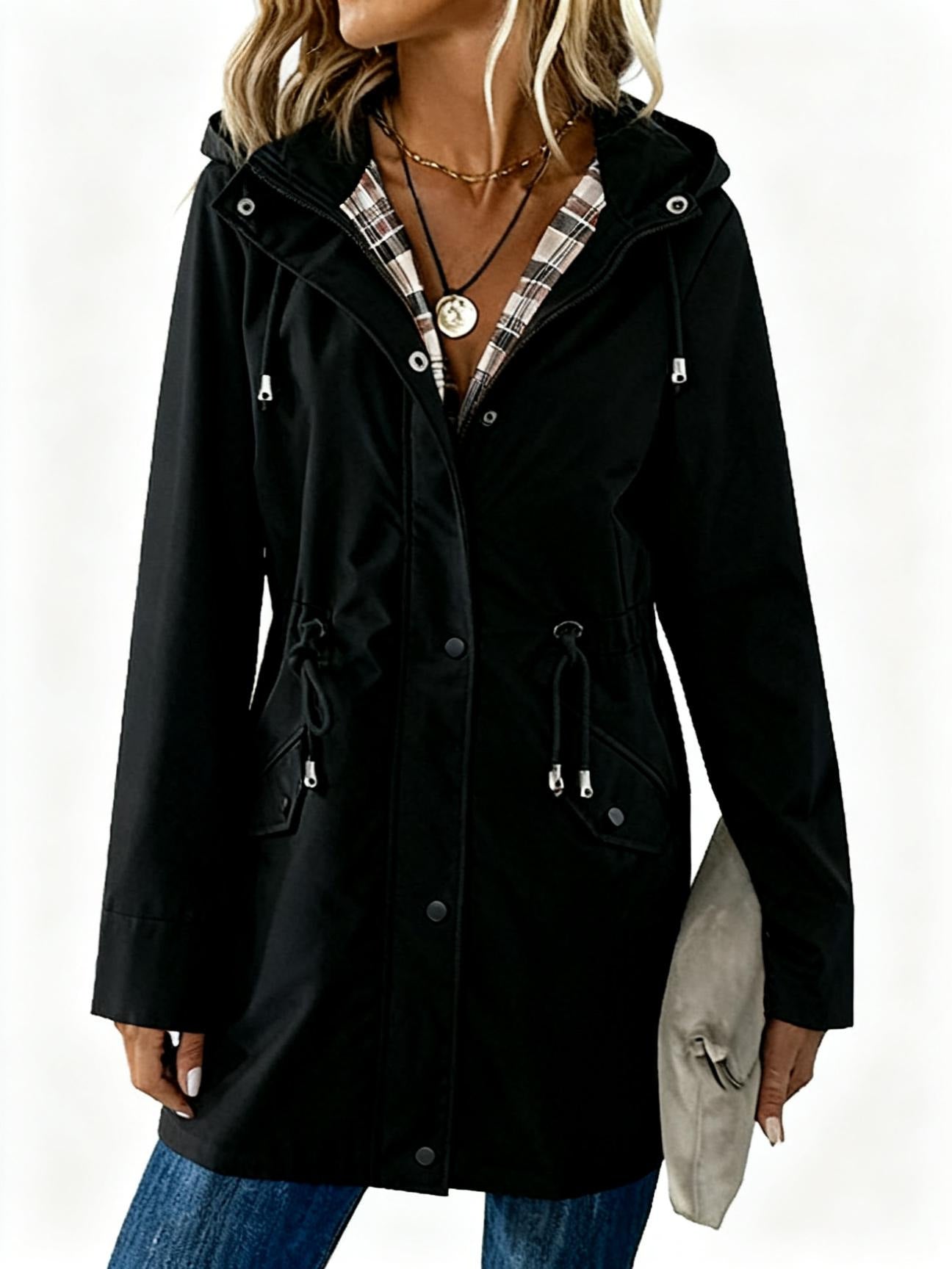 Ladies Hooded Drawstring Nipped-waist Plaid Coat