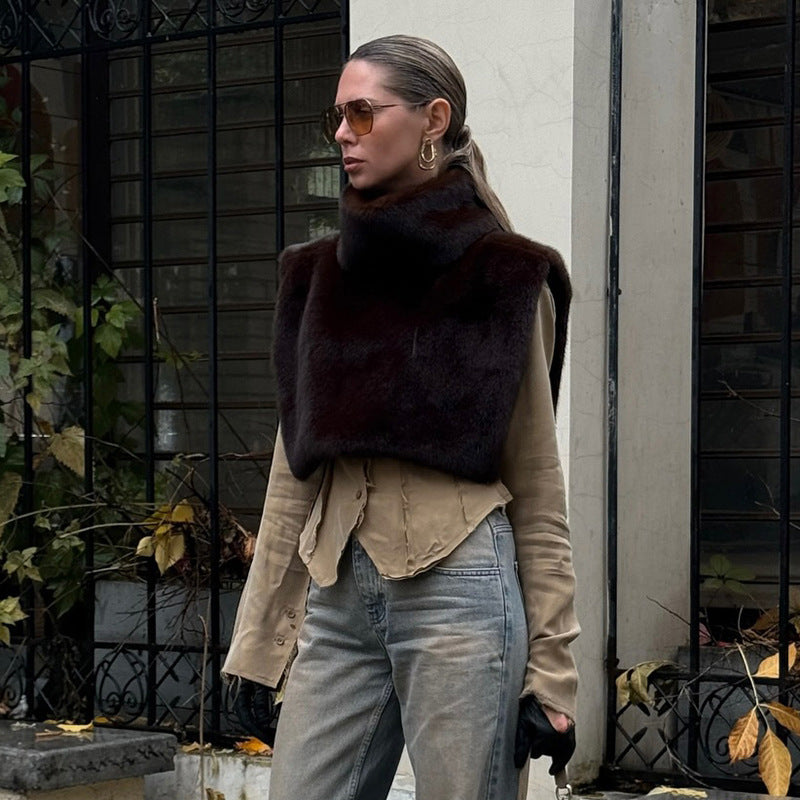 Half?Turtleneck Sleeveless Faux Fur Patchwork Slim Fit Vest