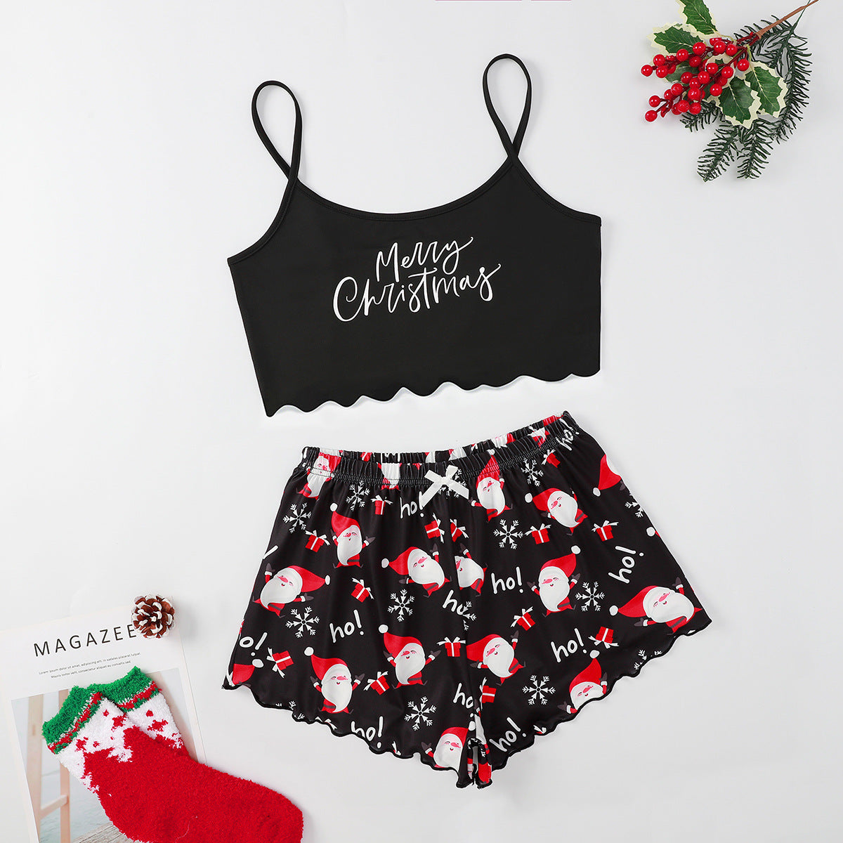 Women's Adorable Two Piece Christmas Pajama Crop Top and Shorts Set