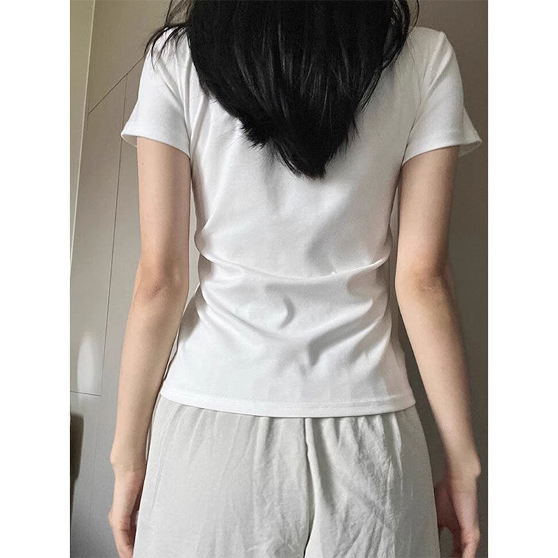 Solid Color Korean Style All-match U-collar Bottoming Top Women's Summer Cotton Short Sleeve Shoulder T-shirt Women
