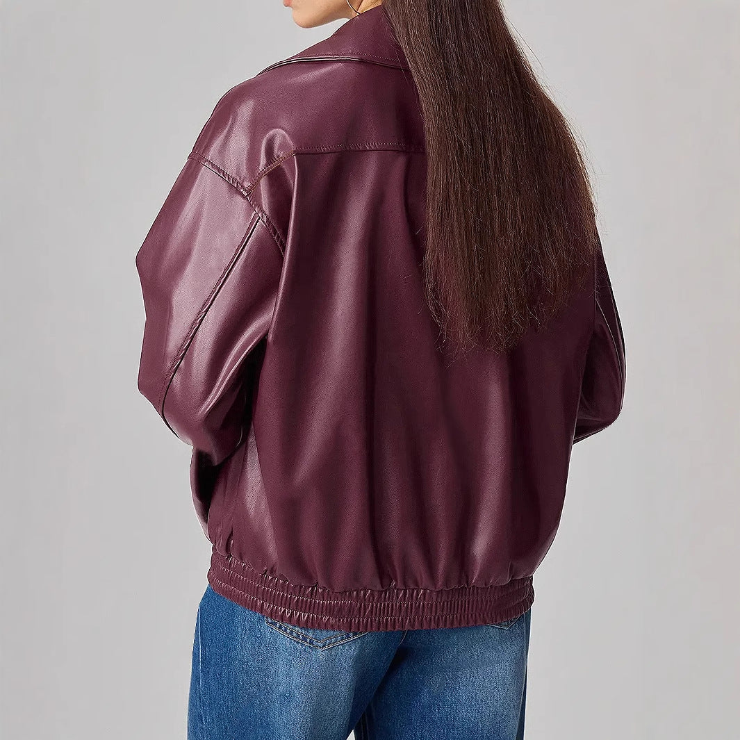 Loose Fit Long Sleeve PU Leather Jacket For Women
