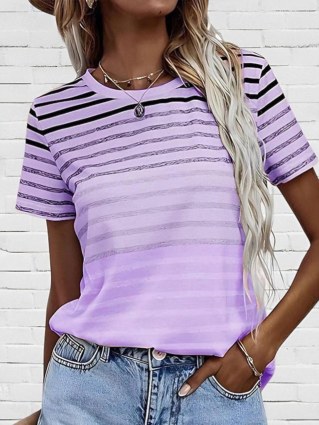 Women's Striped Gradient Round Neck Short Sleeve Top