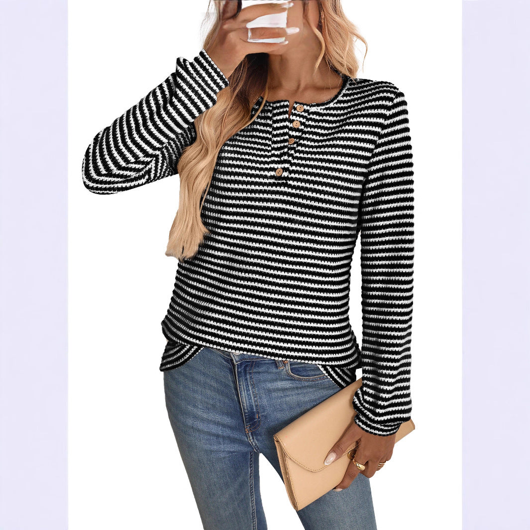 Pineapple Grid Knit Long Sleeve Round Neck T-Shirt For Women