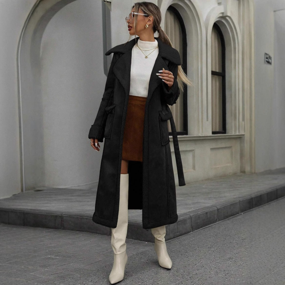 Long Lamb Wool Coat With Integrated Fur And Fleece Lining