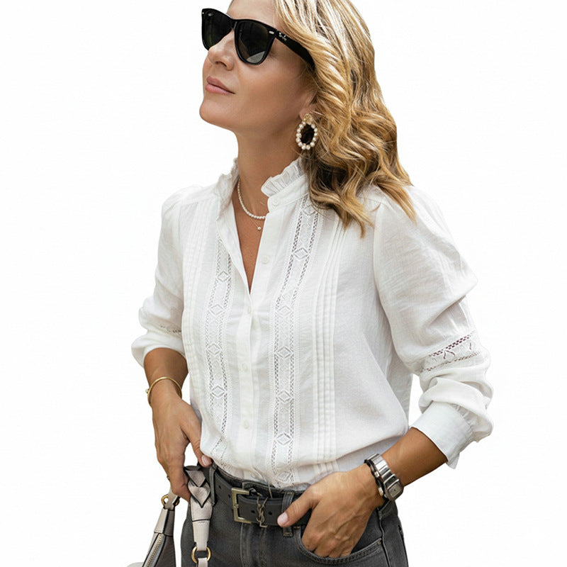 Elegant Lace-trimmed Stand Collar Hollow-out Long-sleeve White Shirt