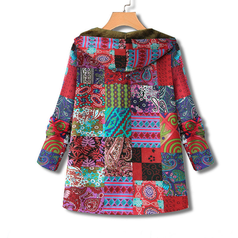 Retro Warm Printed Pocket Thick Zippered Hooded Coat