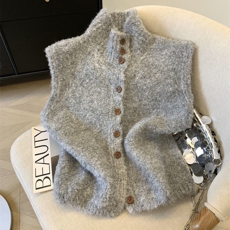 Korean-style Refined High-neck Single-breasted Solid Color Knitted Vest