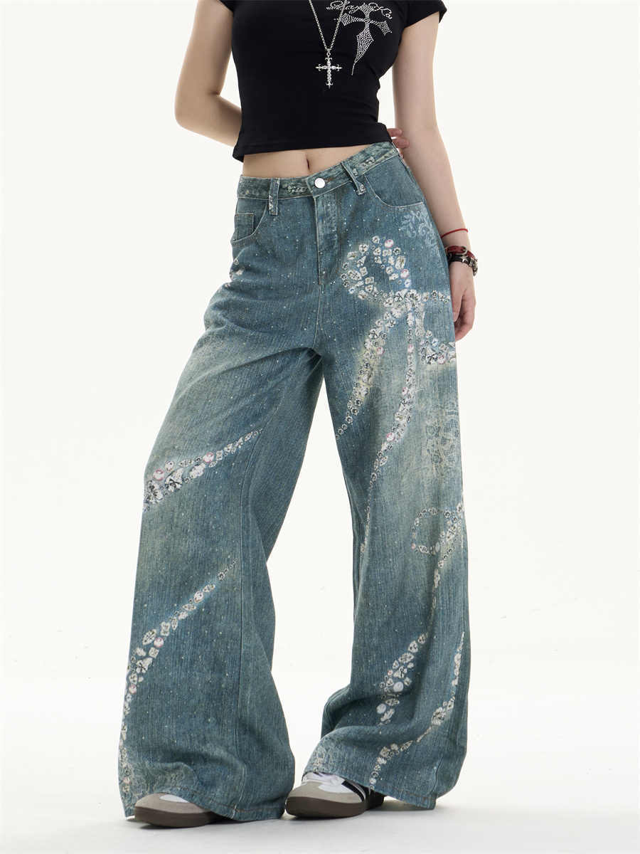 Jeans giocosi a gamba a gamba con stampa bowknot con tocco femminile