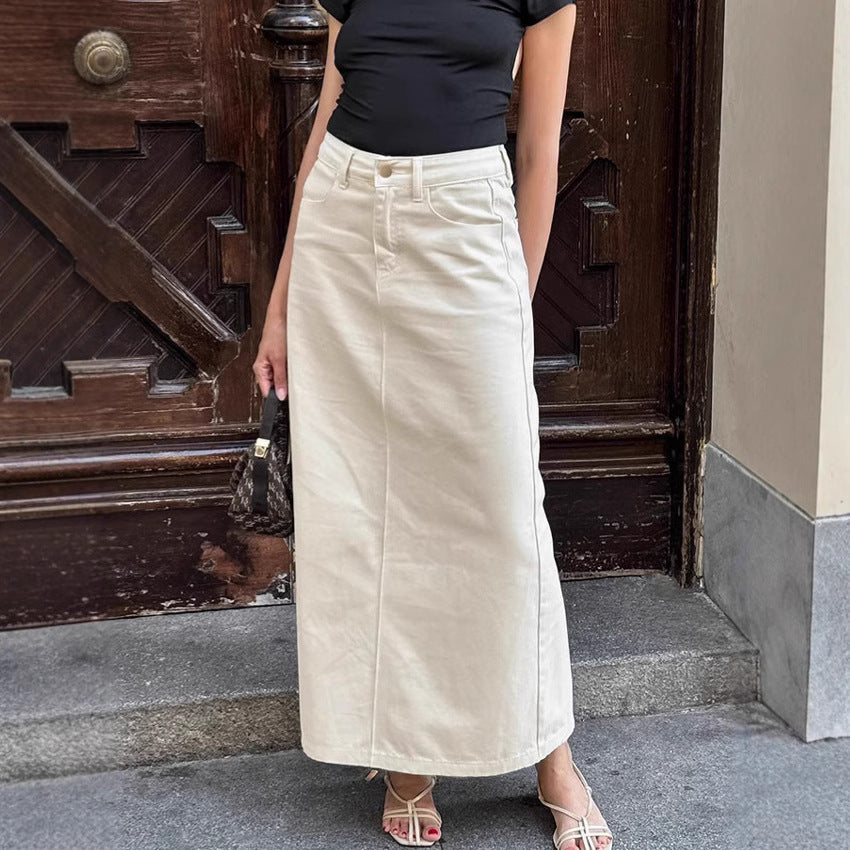 Falda de mezclilla de pendiente de cintura alta para un estilo de ropa de trabajo seguro