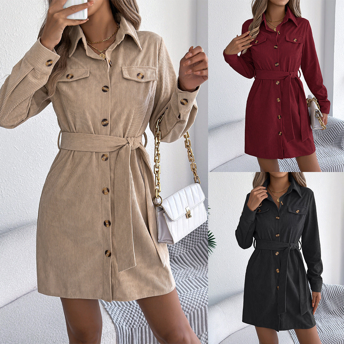 Corduroy-Corduroy-dress dengan detail renda-up dan gaya tunggal-breasted