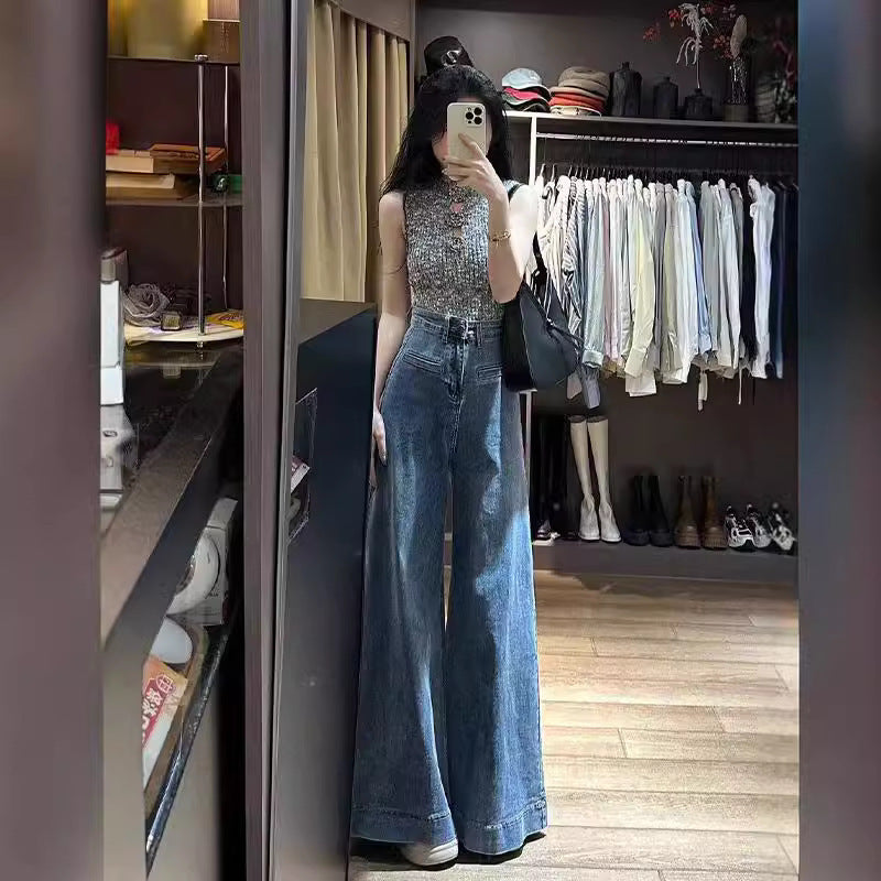 Jean large à jambes larges au sol bleu rétro avec drapé