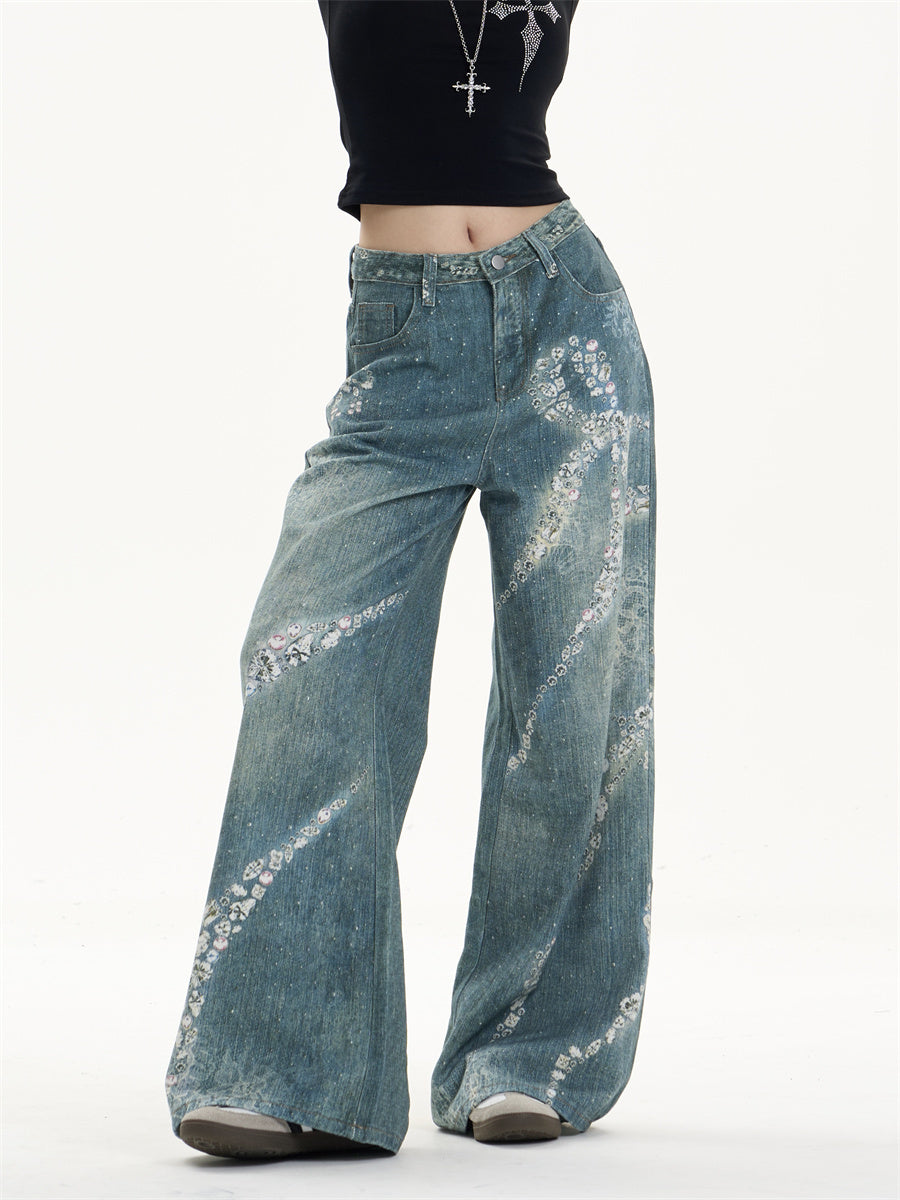 Jeans giocosi a gamba a gamba con stampa bowknot con tocco femminile